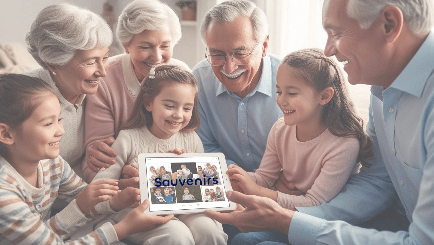 photo de famille avec tablette sauvenirs